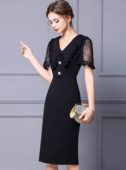 Black V-neck Lace Patchwork Bodycon Cocktail Dress
