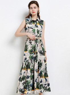 Turn-down Collar Sleeveless Print Maxi Dress