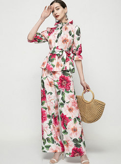 Mock Neck Print High Waisted Wide Leg Pant Suits