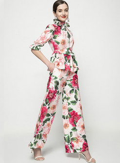 Mock Neck Print High Waisted Wide Leg Pant Suits