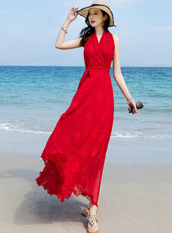 V-neck Sleeveless Red Beach Dress