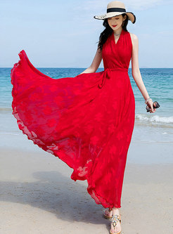 V-neck Sleeveless Red Beach Dress