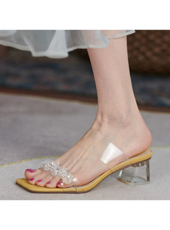 Square Toe Transparent Block Heel Slippers