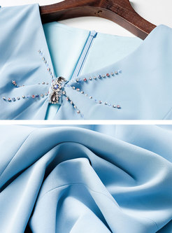Blue V-neck Openwork Sheath Split Cocktail Dress