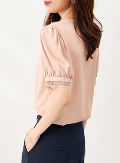 Pink Ruffle Patchwork Pullover Blouse