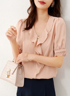 Pink Ruffle Patchwork Pullover Blouse