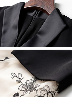 Black Lapel Patchwork Embroidered Mesh Dress