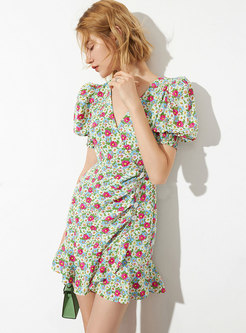 Sweet Puff Sleeve Ruffle Floral Mini Skater Dress