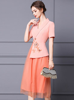 Pink Lapel Beaded Mesh Patchwork A Line Dress