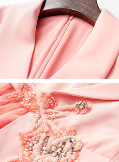 Pink Lapel Beaded Mesh Patchwork A Line Dress