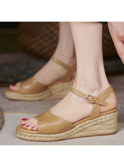 Leather Braided Pin-buckle Fastening Wedge Sandals