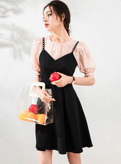 Puff Sleeve Pullover Blouse & A Line Slip Dress