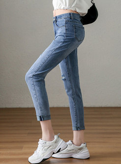 Blue High Waisted Ripped Pencil Jeans