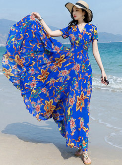 Boho V-neck Print Big Hem Beach Maxi Dress