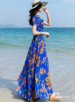 Boho V-neck Print Big Hem Beach Maxi Dress