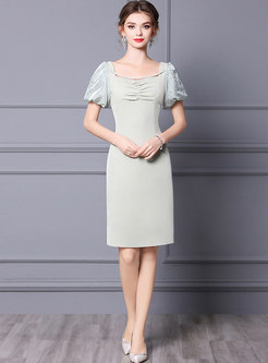 Pearl Embellished Puff Sleeve A Line Dress