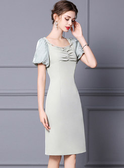 Pearl Embellished Puff Sleeve A Line Dress