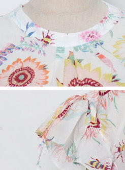 Crew Neck Print Blouse & Ruffle A Line Maxi Skirt