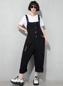 Solid Loose Single-breasted Denim Overalls