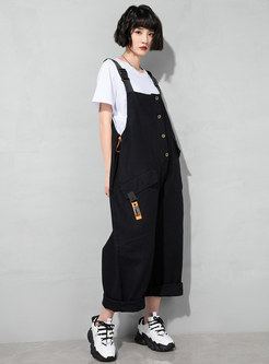 Solid Loose Single-breasted Denim Overalls