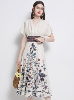 Elegant Print Raglan Sleeve Blouson Dress