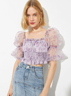 Off-the-shoulder Print Gauze Cropped Blouse