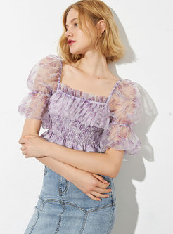 Off-the-shoulder Print Gauze Cropped Blouse