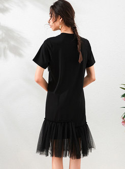 Black Bowknot Mesh Patchwork T-shirt Dress