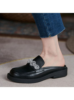 Elegant Beaded Rounded Toe Leather Slippers