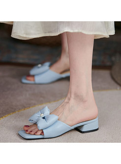Leather Bowknot Block Heel Slippers