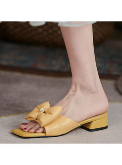 Leather Bowknot Block Heel Slippers