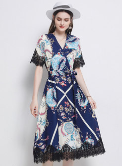 V-neck Lace Patchwork Print Wrap Dress