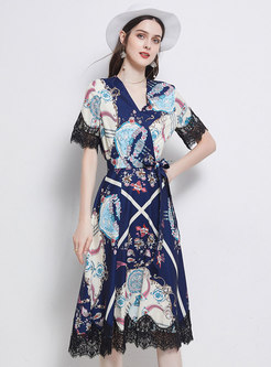 V-neck Lace Patchwork Print Wrap Dress