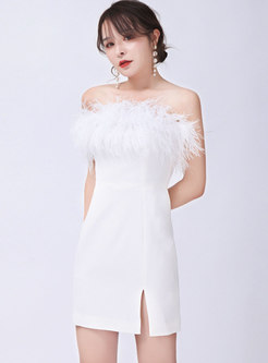 White Bandeau Feather Bodycon Mini Dress