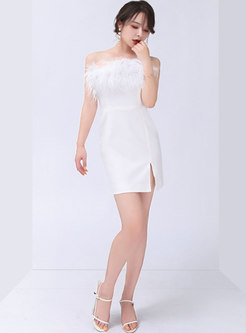 White Bandeau Feather Bodycon Mini Dress
