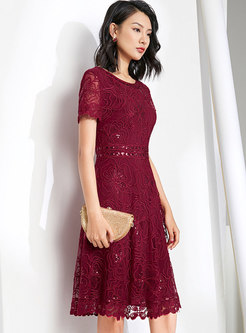 Crew Neck Embroidered Sequin A Line Cocktail Dress