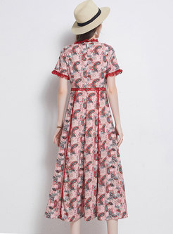 V-neck Lace Patchwork Print A Line Maxi Dress