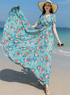 Blue Floral V-neck Chiffon Beach Dress
