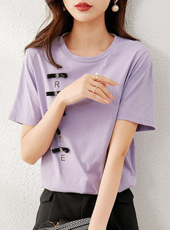 Purple Letter Print Bowknot Embellished T-shirt