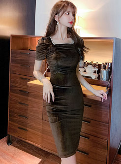 Square Neck Puff Sleeve Ruched Bodycon Dress