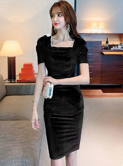 Square Neck Puff Sleeve Ruched Bodycon Dress