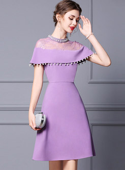Purple Lace Patchwork Beaded Skater Dress