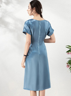 Blue Satin Empire Waist A Line Dress