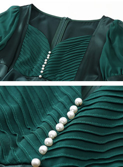 Vintage Pearl Embellished Satin A Line Dress