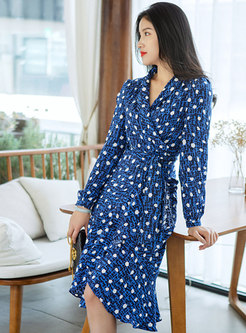 Blue Long Sleeve Dot Irregular Peplum Dress