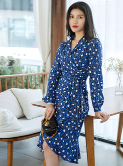 Blue Long Sleeve Dot Irregular Peplum Dress