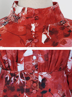 Mock Neck Long Sleeve Red Print Maxi Dress