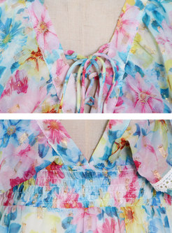 V-neck Backless Openwork Floral Maxi Dress