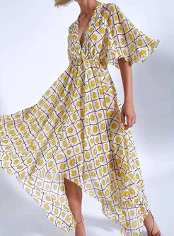 V-neck Plaid Yellow Print Irregular Maxi Dress