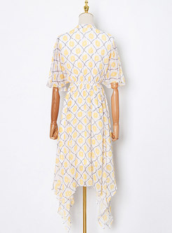 V-neck Plaid Yellow Print Irregular Maxi Dress